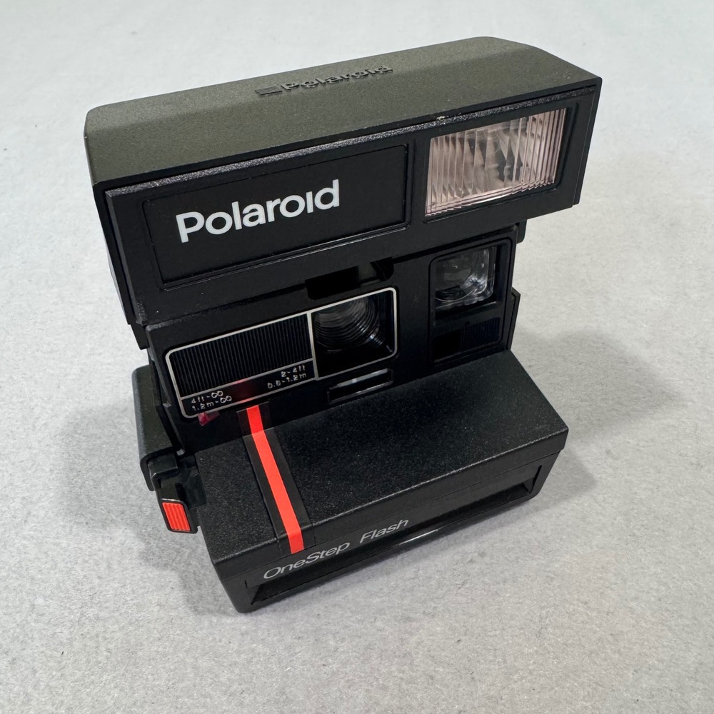 Polaroid OneStep Flash Camera Black Vintage 600 Series Red Stripe Works